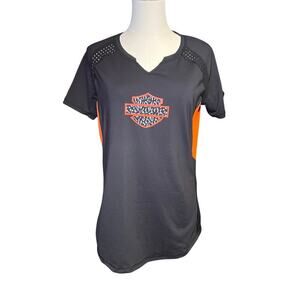 Harley Davidson Women's Black and Orange T Shirt.  Size Medium